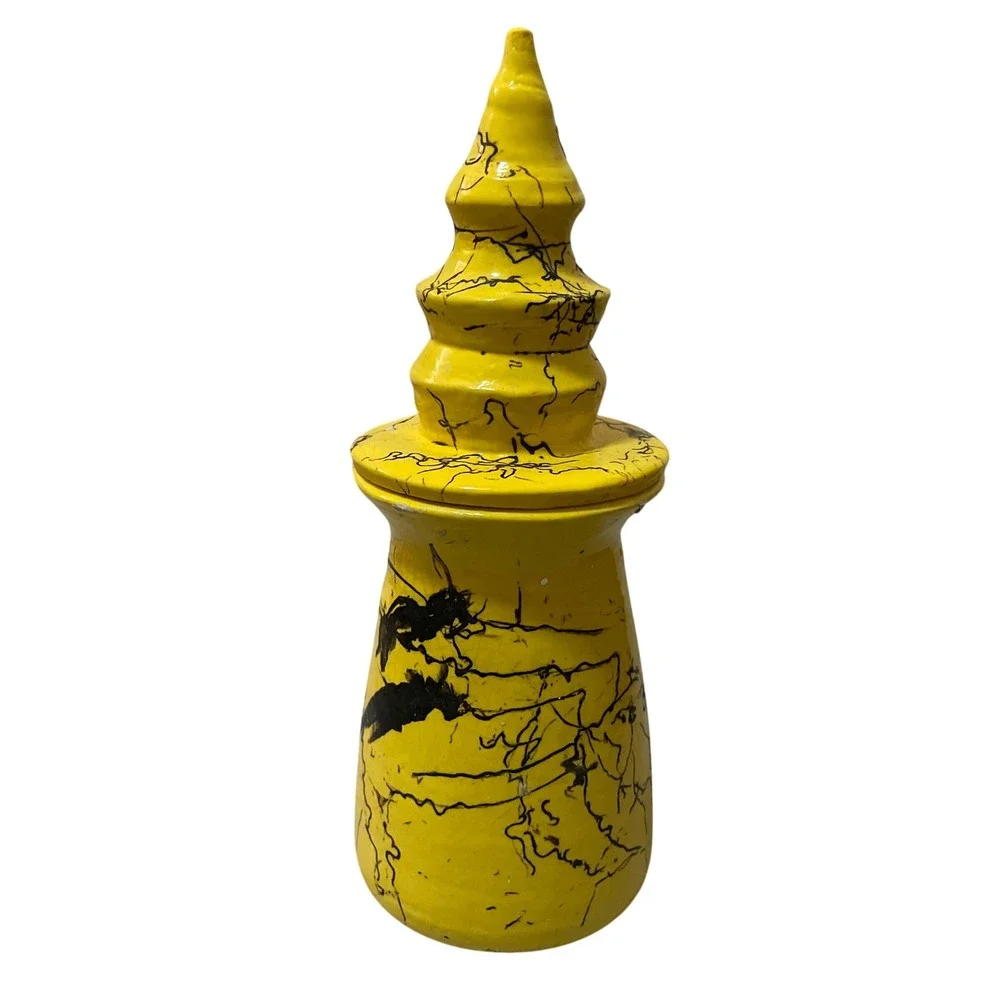 Vintage‎ Yellow Ceramic Jar w/ Lid Incense Apothecary Vase Black Swirl Design